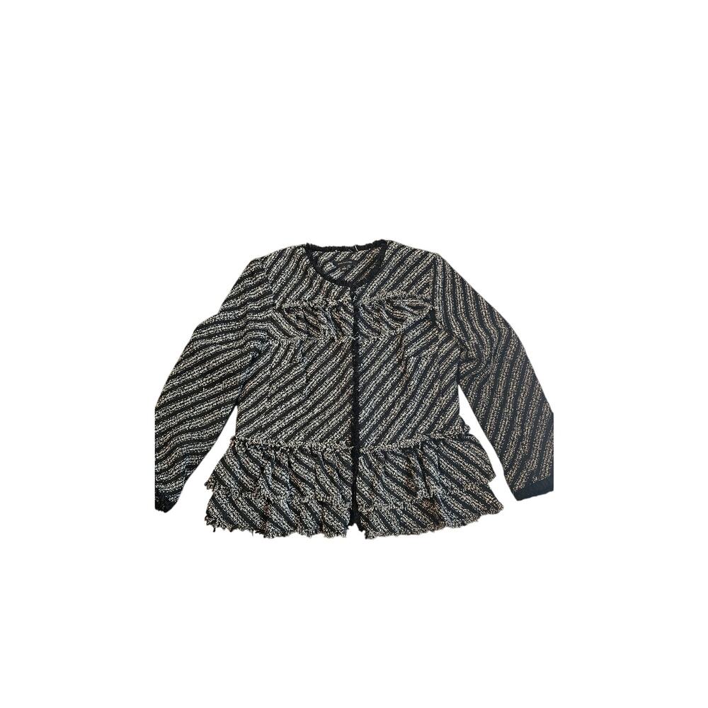 Ann Taylor Fringe & Ruffle Tweed Diagonal Stripe Peplum Jacket Black White Sz 8‎